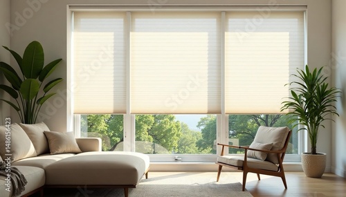 Modern cellular shades installed on a large window, allowing diffused light into a bright room , style, living room