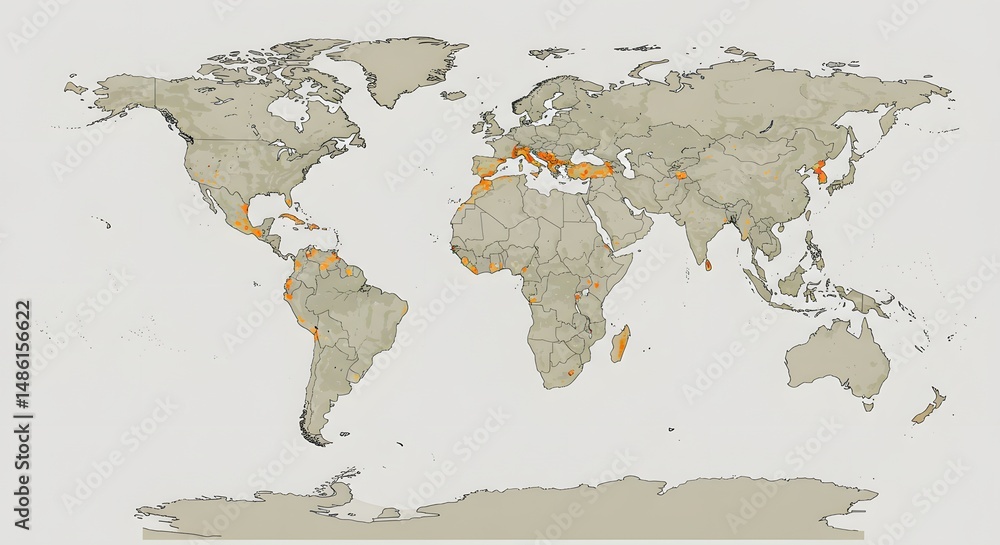 Obraz premium World Map Depicting Specific Geographic Areas in Orange