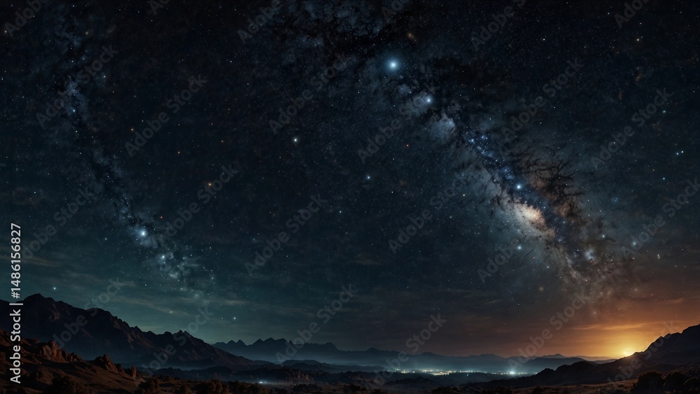 Naklejka premium Panoramic view of Night sky glows with stars and mistic planets