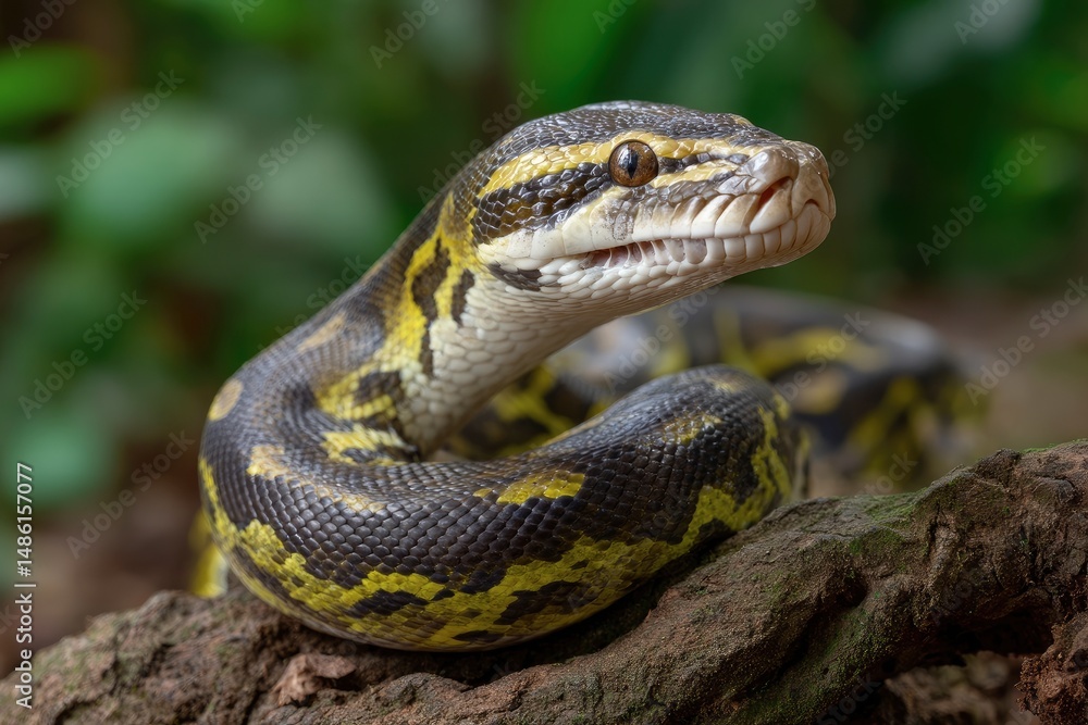 Fototapeta premium Snake Resting on a Branch Close-up with Yellow and Black Markings