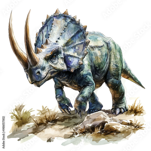 watercolor of Triceratops Roaming A Rocky Plateau, vector high quality, isolated on a white background.