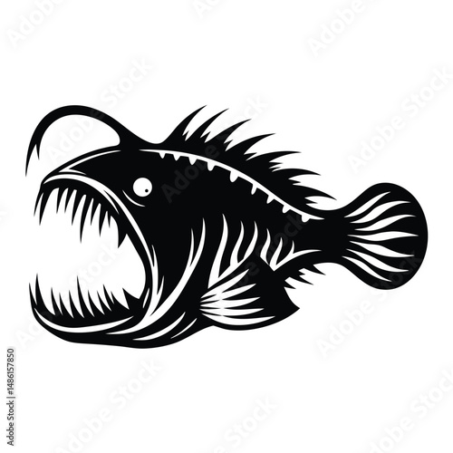 Monochrome Anglerfish, Deep Sea Predator with bioluminescent lure and sharp teeth artwork