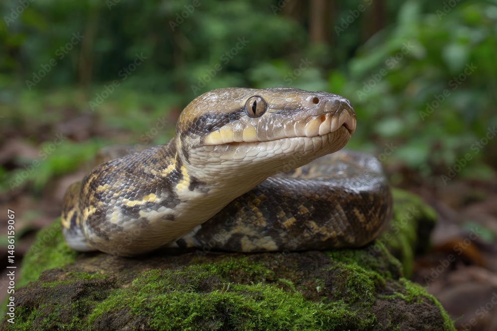 Naklejka premium Snake Resting on Mossy Rock in Lush Forest