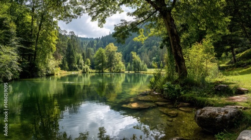 Serene Lake Surrounded by Lush Greenery A Peaceful Nature Scene