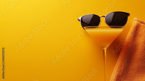 Sunglasses rest atop a glass of orange liquid, with a folded orange towel against a matching background.