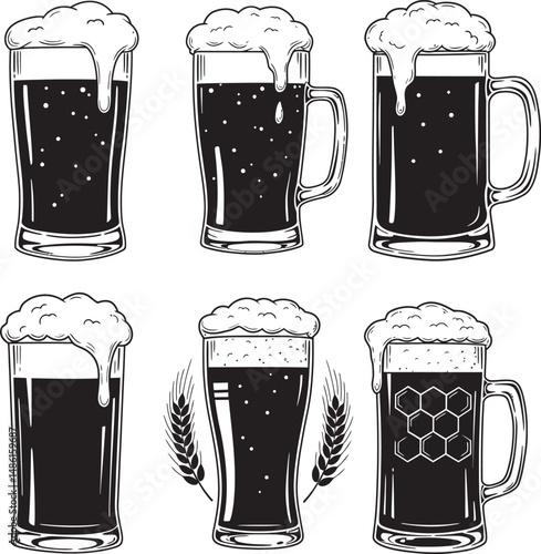 Beer Glass and Mugs Collection Silhouettes White Color Background