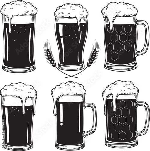  Beer Glass and Mugs Collection Silhouettes White Color Background