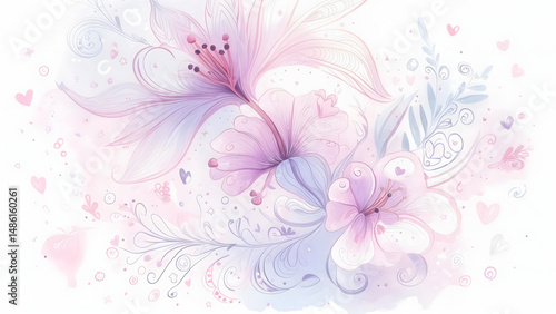 Elegant Watercolor Floral Illustration Delicate Pink and Purple Flowers