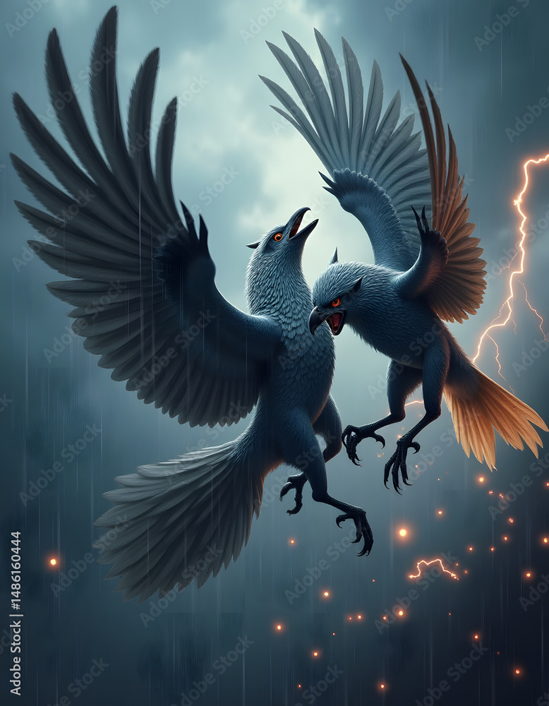 Obraz premium Two Fierce Birds Locked in Mid-Air Combat During a Thunderstorm with Dramatic Lighting and Intense Atmosphere