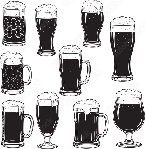  Beer Glass and Mugs Collection Silhouettes White Color Background