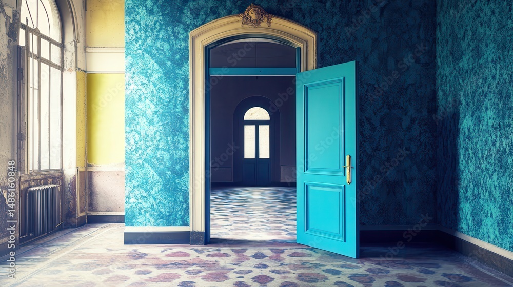 Fototapeta premium Empty room's azure door opens to a brighter space.