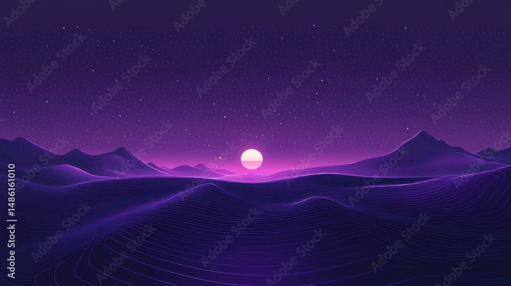 Fototapeta premium Digital landscape at dusk, vibrant purple hues, stylized mountains, glowing lines, soft light