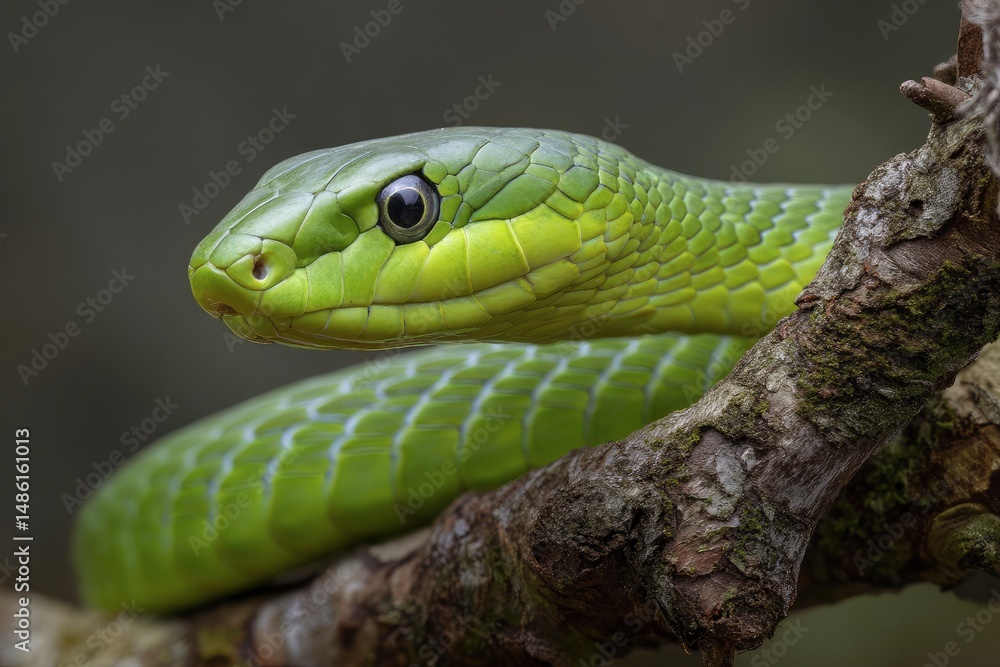 Obraz premium Green Snake Coiled on Branch Close Up Wildlife