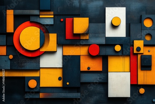 Playful Composition of Geometric Shapes in Vibrant Shades of Yellow and Contrasting Hues Against a Dark Background
