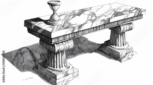 A marble bench with classical columns and hourglass. Detailed black and white art
