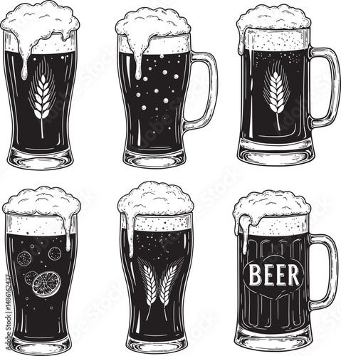  Beer Glass and Mugs Collection Silhouettes White Color Background