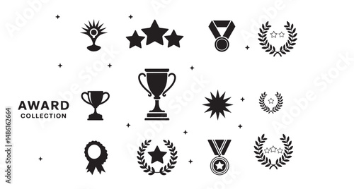 This set of award icons includes trophies, medals, ribbons, and laurel wreaths.