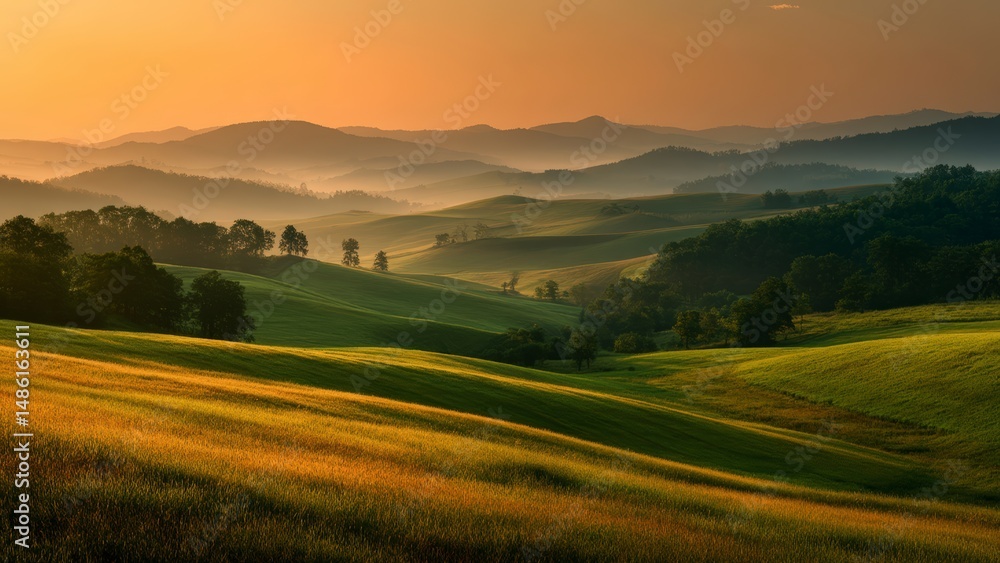 Obraz premium Sunrise Over Green Landscape with Trees