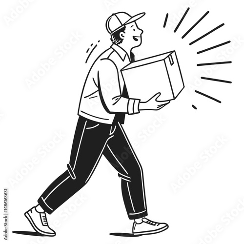 Line Art Smiling Delivery Guy Walking with Package with Cap, Black & White Cartoon