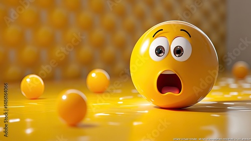 A vibrant 3D yellow emoji with a surprised and angry expression emerges from a cloud of fluffy orange and beige smoke against a light blue background,