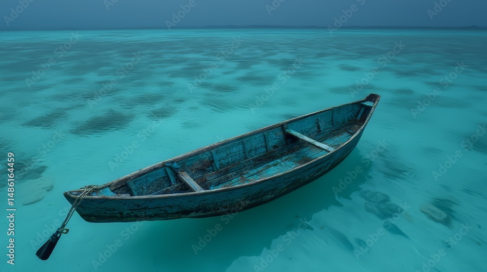 Fototapeta premium Small boat is floating in the ocean. The water is calm and blue. The boat is old and rusted