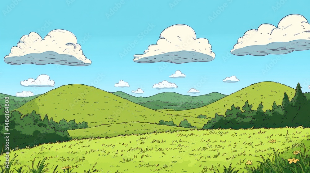 Fototapeta premium Scenic countryside landscape. Lush green hills under a vibrant blue sky dotted with fluffy white clouds