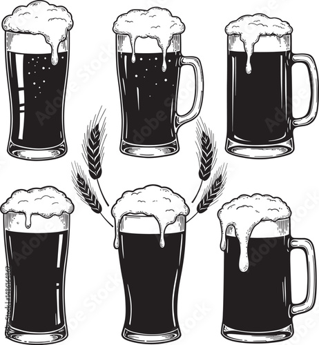  Beer Glass and Mugs Collection Silhouettes White Color Background