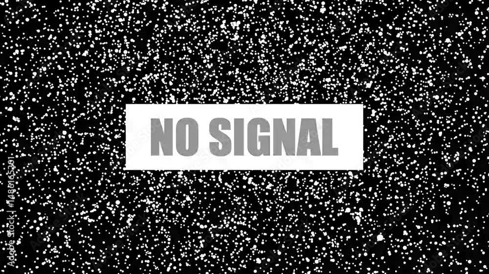No Signal Message with White Static on Black Screen. Black screen with white static and no signal message indicating television broadcast interruption or technical difficulty