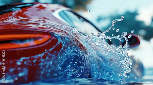 A sleek blue car emerges from water,