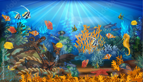 Underwater card with rusty anchor and tropical fish. vector illustration