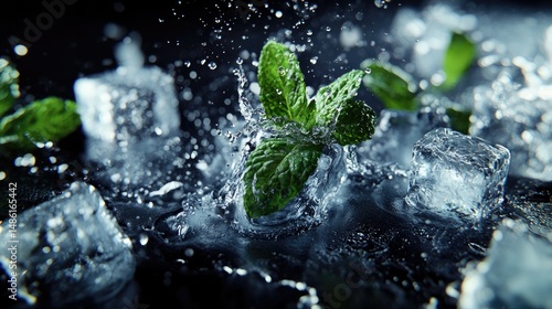A close-up image featuring fresh green mint leaves intertwined with ice cubes,