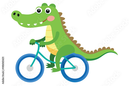 Joyful green alligator rides a blue bicycle with a smile on a clean background