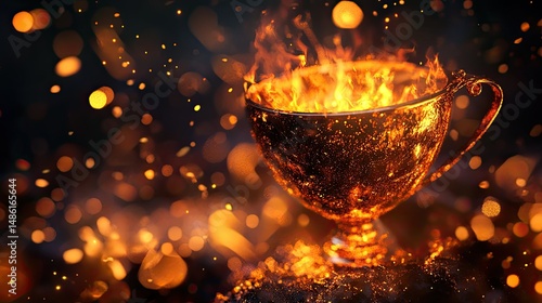 A golden trophy with ornate detailing sits on a black pedestal,