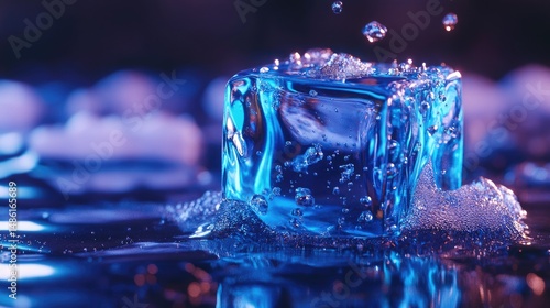 A melting ice cube sits on a smooth, reflective surface, surrounded by droplets of water.