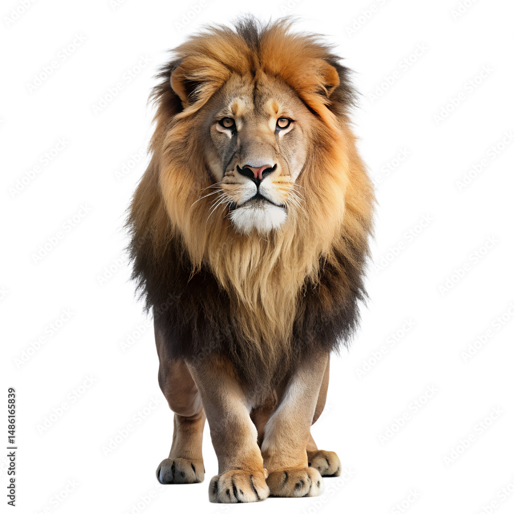 Fototapeta premium A majestic lion with a full mane stands confidently against a white background