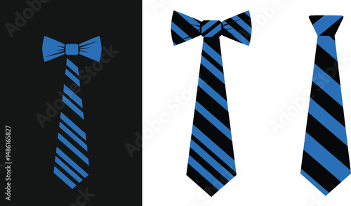 Stylish Blue and Black Striped Necktie with Matching Bow Tie – Formal Men's Accessory Vector Illustration for Business and Events