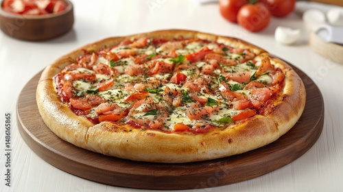 A freshly made pizza topped with sliced cherry tomatoes,