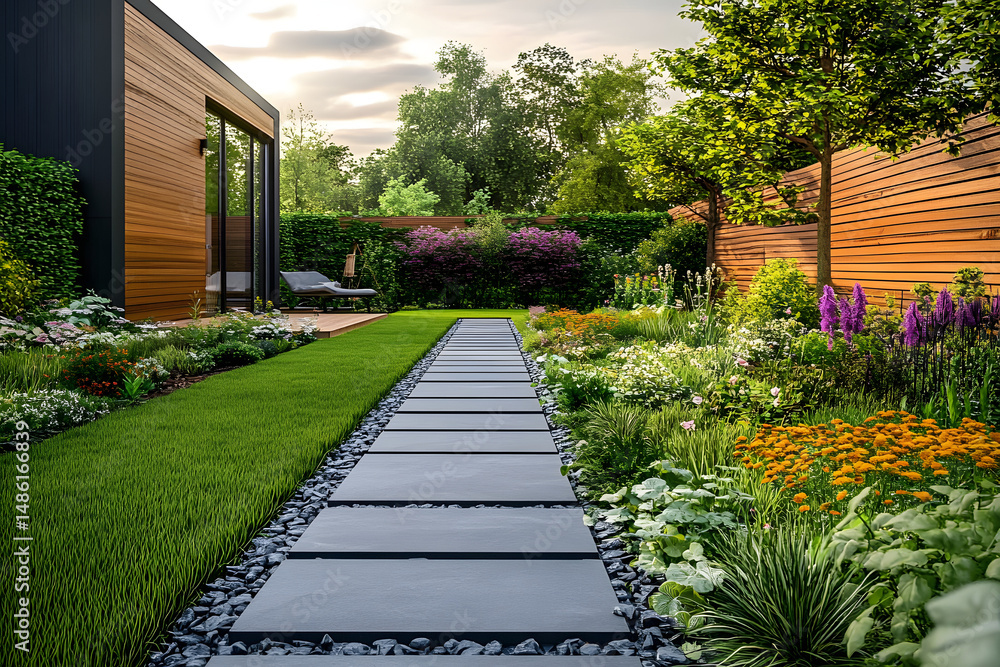 Obraz premium Beautiful garden with stone tiled path leading to garden room office