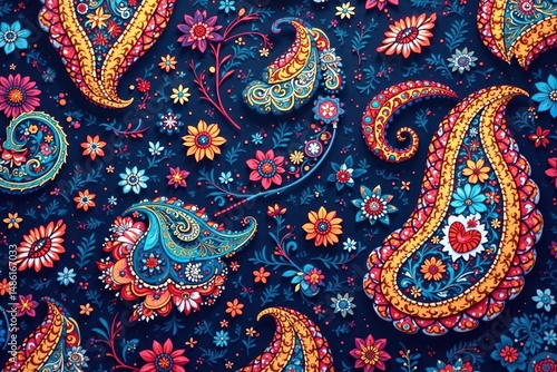 Vibrant paisley print featuring bold colors and flowing lines , repeat pattern, contemporary