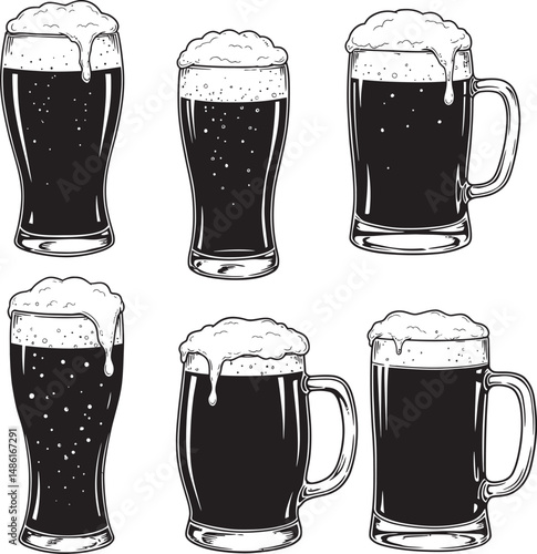  Beer Glass and Mugs Collection Silhouettes White Color Background