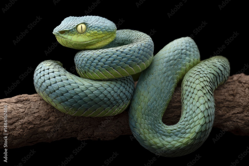 Fototapeta premium Snake Coiled on Branch Close-up Detailed Scales