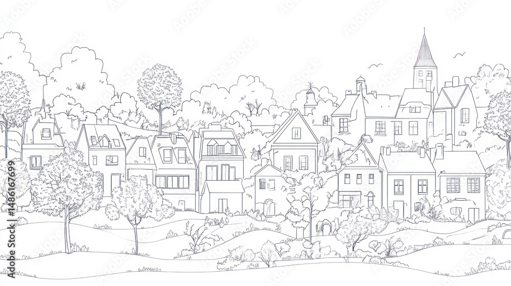 Obraz premium Charming village scene, depicted in outline style, with lush trees and houses