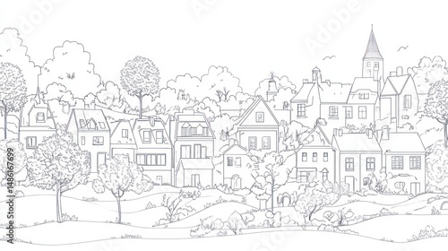 Wallpaper Mural Charming village scene, depicted in outline style, with lush trees and houses Torontodigital.ca