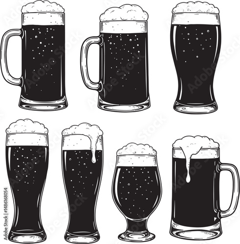  Beer Glass and Mugs Collection Silhouettes White Color Background