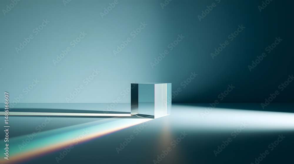 Fototapeta premium A Glass Prism Refracting Light into a Spectrum on a Reflective Surface with a Gradient Background