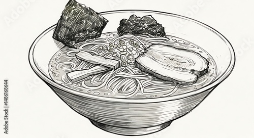 A pencil sketch of ramen, art, black and white, Japanese food.