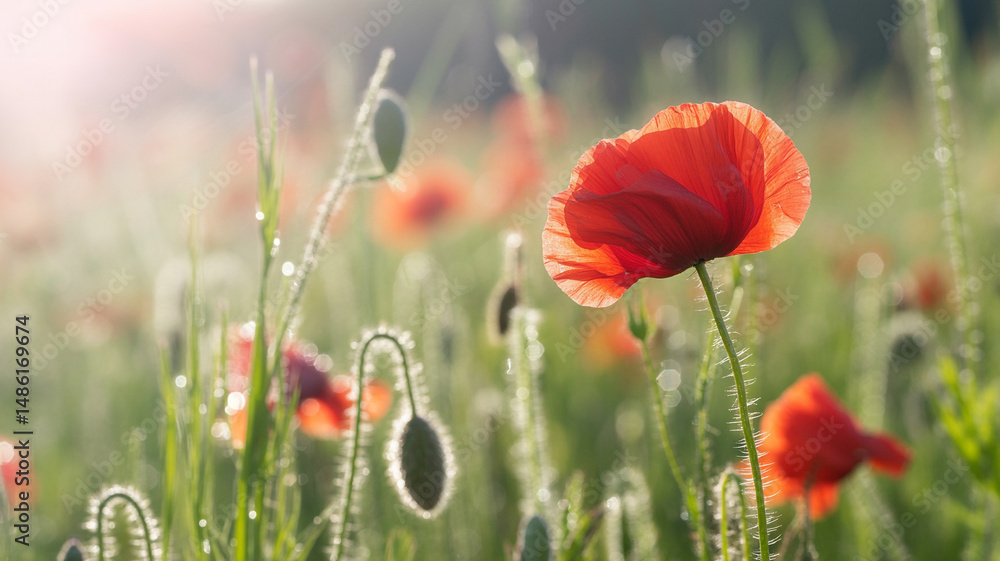 Fototapeta premium Vibrant red poppy flowers blooming in a lush field bathed in soft morning sunlight