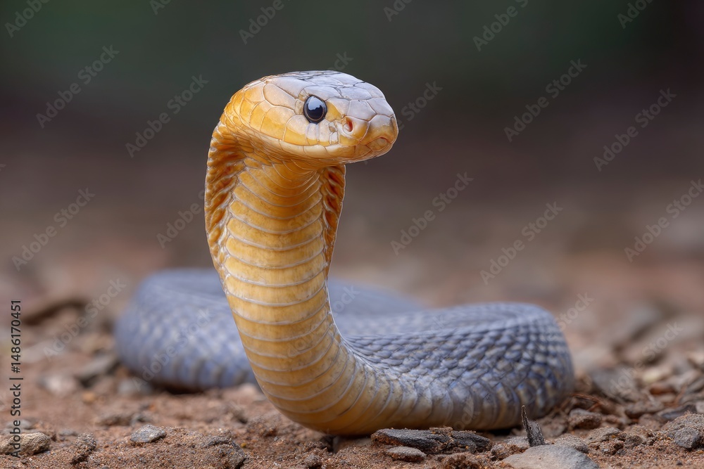 Fototapeta premium Cobra Rising Portrait on Ground Outdoor, Exotic Snake