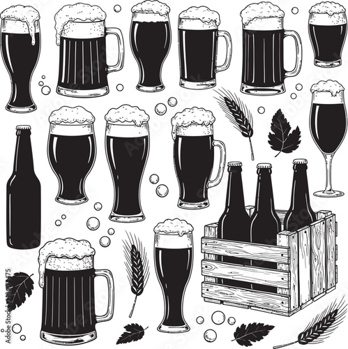  Beer Glass and Mugs Collection Silhouettes White Color Background