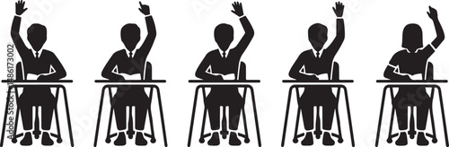 Five Students Sitting at Desks Raising Hands in Class